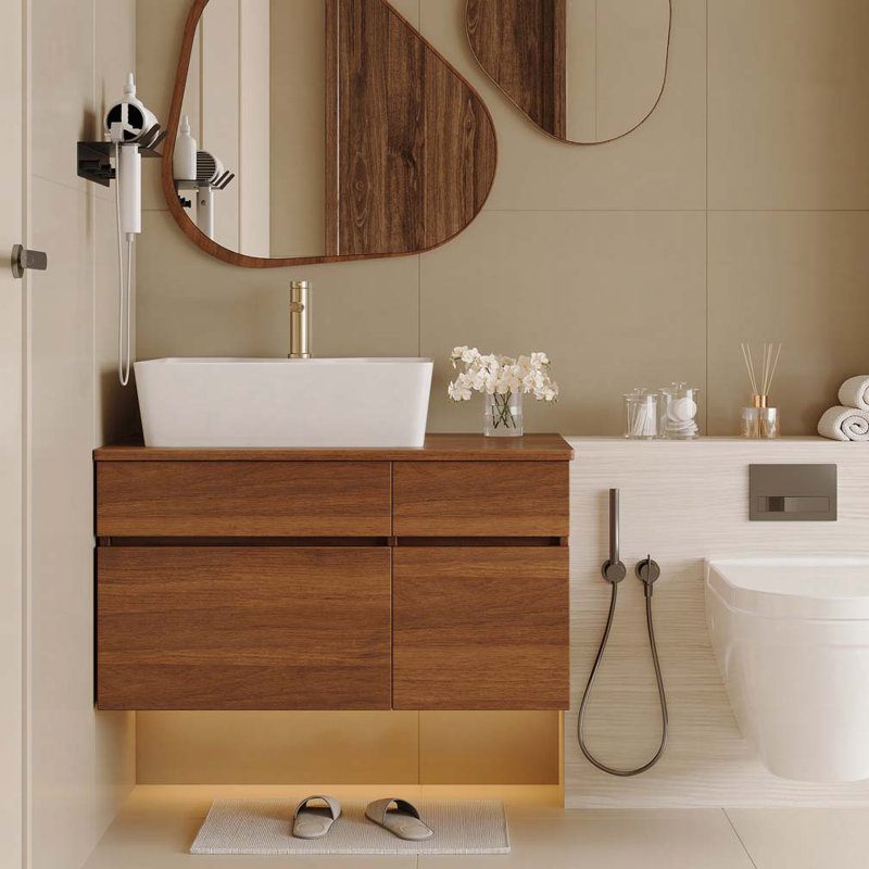 Petit meuble-lavabo flottant simple 31,5 pouces avec lavabo, Noyer/blanc
