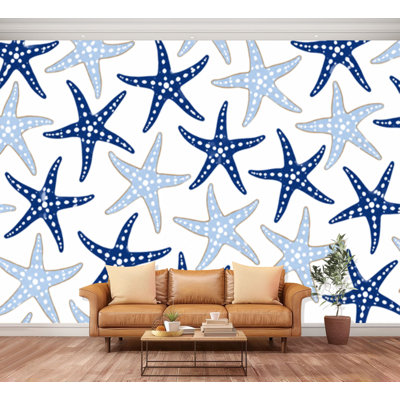 Papier peint mural autocollant à motif marin marin et étoiles de mer, bleu marine, pour salon, chambre d'enfant. Dimensions : 254 cm (H) x 366 cm (L).