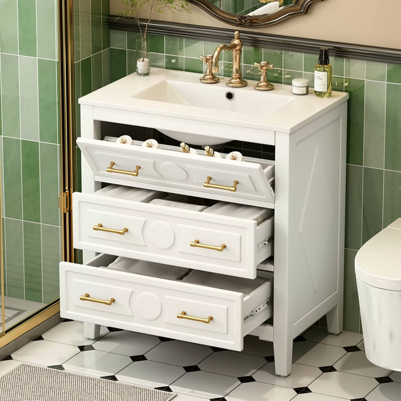 Ensemble de meuble-lavabo simple 30 po avec 3 tiroirs, meuble-lavabo autoportant avec cadre en bois massif 30 po, Blanc