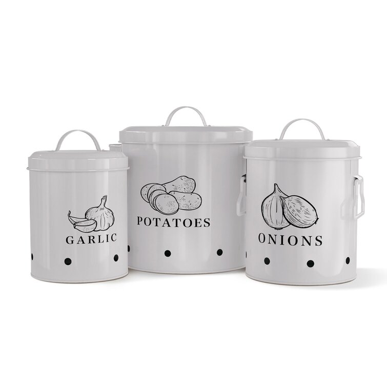 Set Of 3 Potato, Onion And Garlic Tin Food Storage Container Kitchen  Vegetable Storage Tins Fruit Pot Vegetable Basket Easy To Save (white)