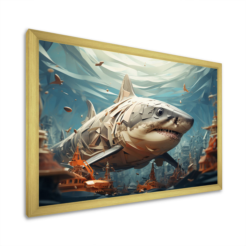 " Shark Coastal Guardian ", 12" H x 20" W x 1" D, Gold Single Picture Framed
