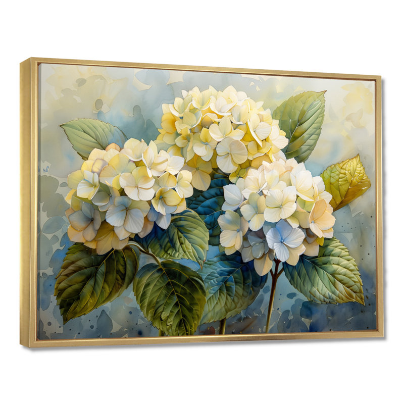 Impression d'art mural jaune et bleu «Garden of Life» - Hortensia, Cadre flottant doré, H 30 po x l 40 po