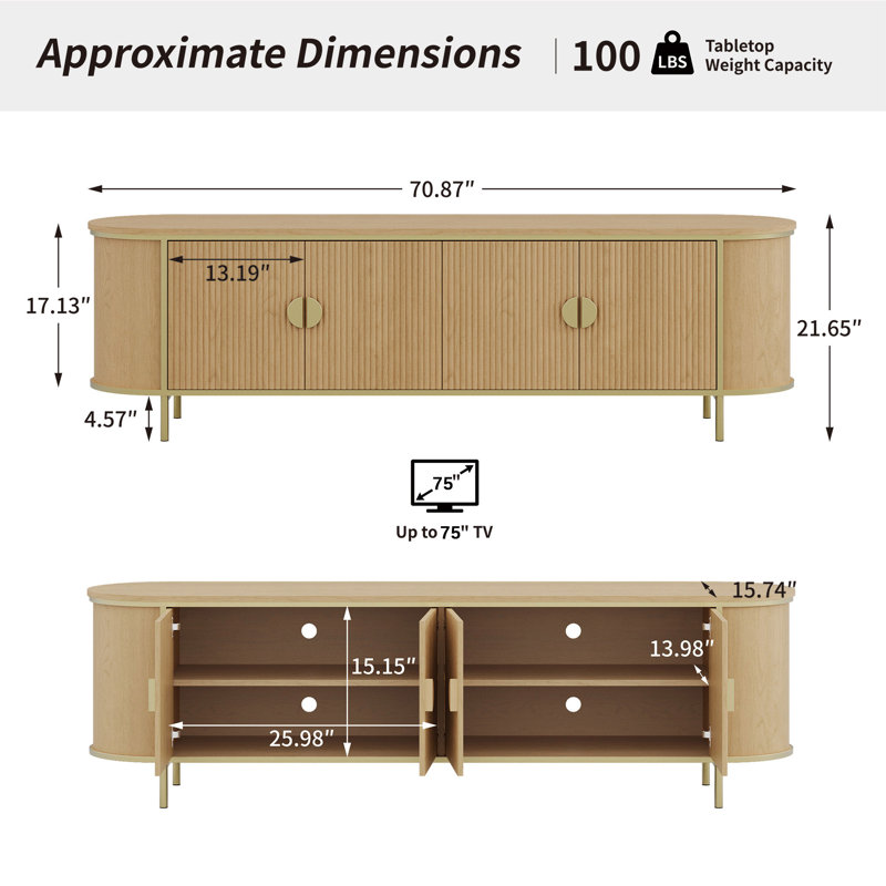 Avalie Curved Fluted TV Stand for TVs up to 75",  Half-Moon Handles and Gold Metal Legs