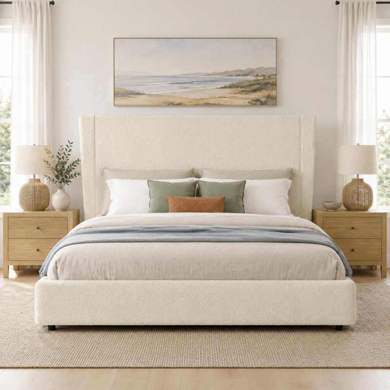 Cadre de lit rembourré Hayden Boucle avec coins arrondis, lit plateforme à lattes en bois, Très grand lit, Beige