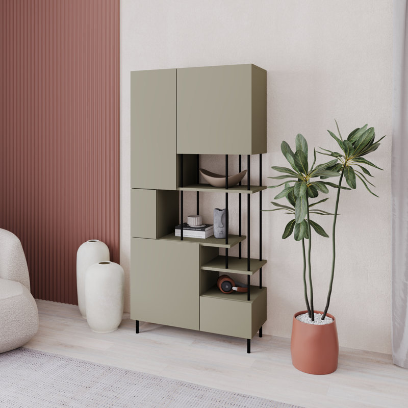 Key Modern Bookcase Display Unit with Closed Cabinets and Open Shelves, Ash Green