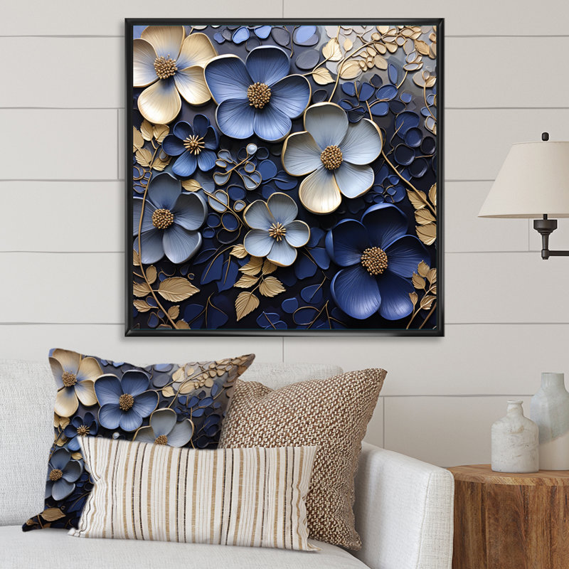 Magnifique décoration murale violette bleue et dorée, H 16 po x l 16 po x P 1 po, Cadre flottant noir