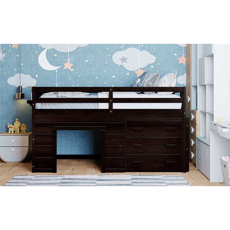 Lit mezzanine simple avec tablette fonctionnelle et armoire - Taille solide et pratique pour durer, Espresso