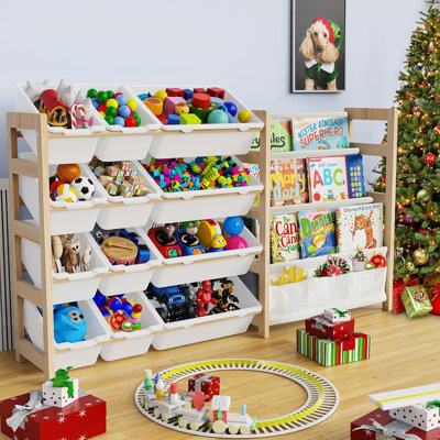 One-Piece Solid Wood Toy Storage Rack, Tiered Wooden Organizer Shelf (4 Tier)