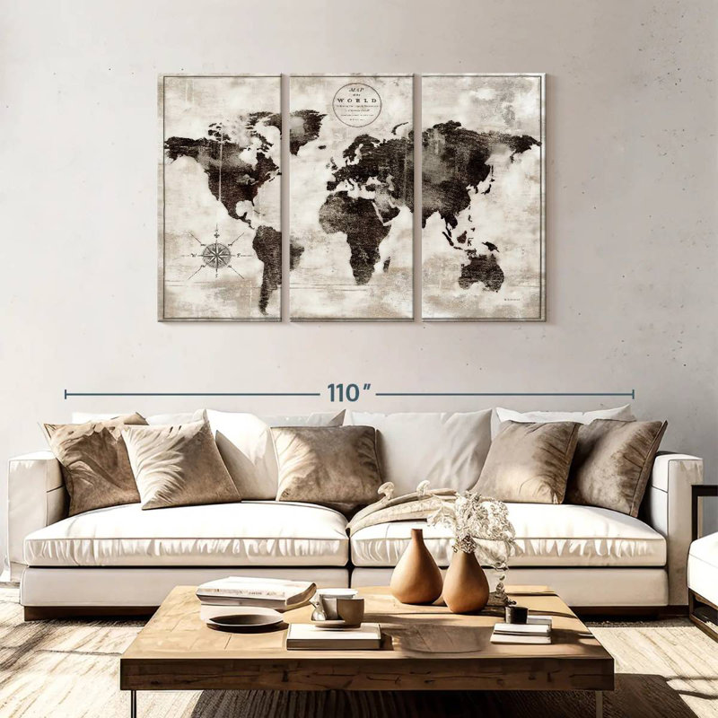 Carte du monde rustique Aliaz en noir et blanc, H 48 po x l 74 po
