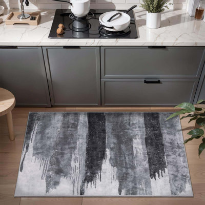 Modern Abstract Area Rug  2x3 Feet  Washable Small Entryway Rugs,Grey Black Non-Slip Low Pile Throw Entry Rug, Foldable Kitchen Bathroom Rugs Floor Carpet For Entrance Bedroom Indoor Doormat