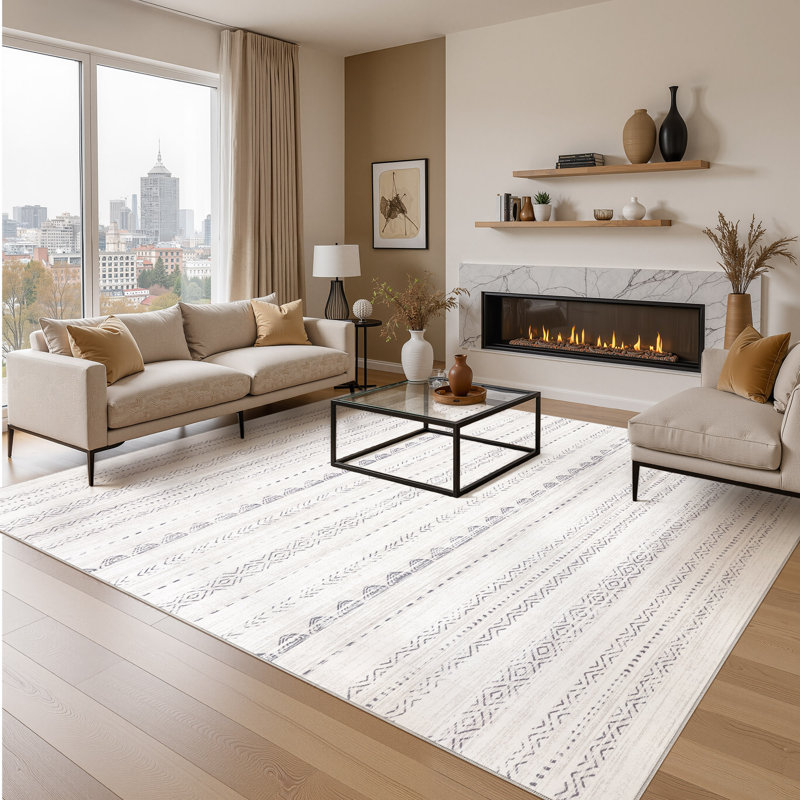 Bohemian Washable Area Rug, Geometric Modern Non-Slip Carpet  Low Pile Floor Mat, Rectangle 8' x 10', Light Gray