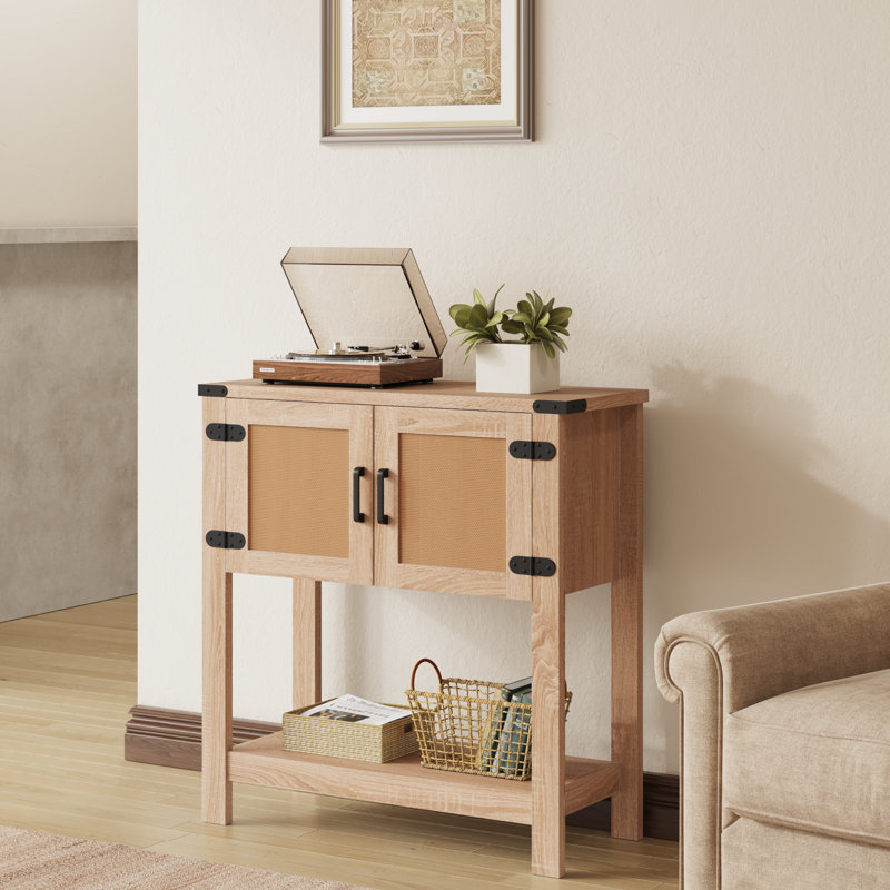 Farmhouse Console Table With Rattan Doors, Entryway Table With Storage Cabinet, Wooden Entry Table With Metal Handle For Kitchen, Hallway, Living Room
