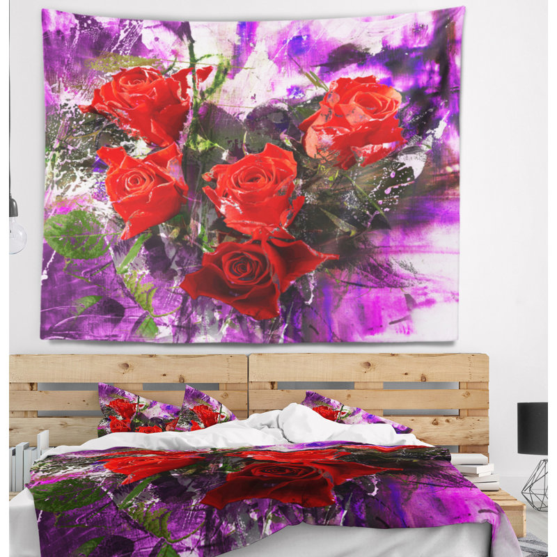 Tapisserie florale avec cinq roses, H 50 po x l 60 po
