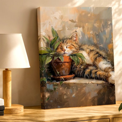 «Sleeping Tabby Cat» par plante en pot, reproduction d'art sur toile, motif floral, botanique pour salon, chambre, bureau, couloir, galerie, décoration murale, décoration élégante