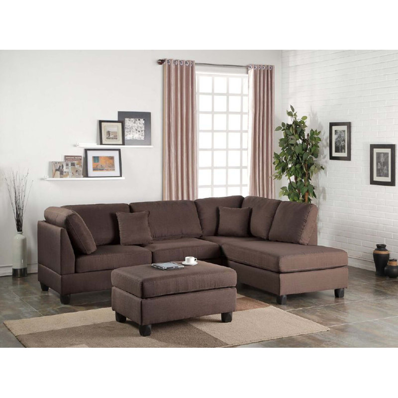 Méridienne réversible et canapé 3 pièces, Tissu chocolat