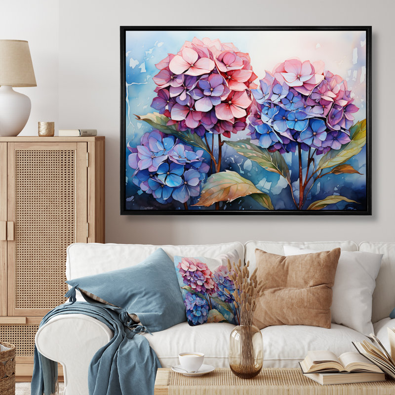 Rose, bleu, hortensia, mosaïque, prés, Cadre flottant noir, H 12 po x l 20 po x P 1 po