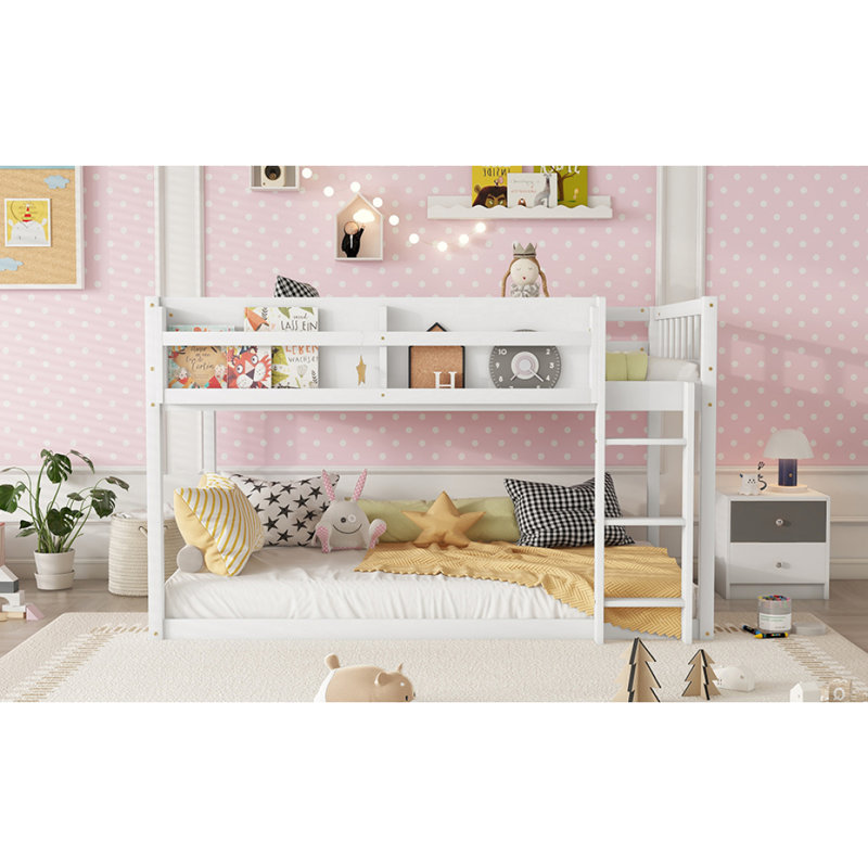Lit superposé bas simple au-dessus de simple, lit superposé au sol avec échelle, lit superposé simple en bois massif pour enfants et enfants, blanc