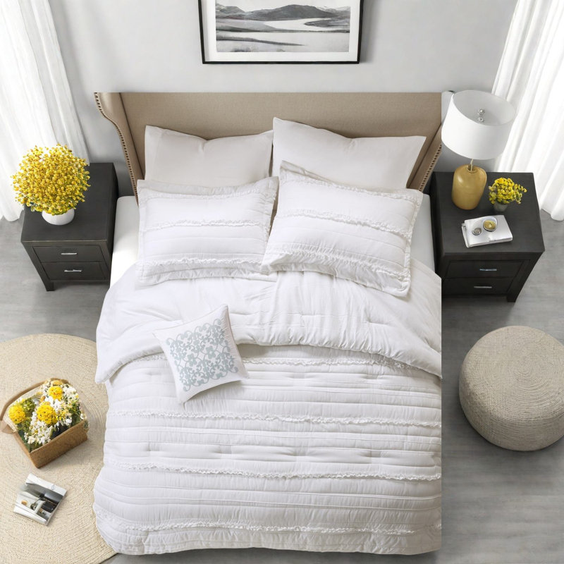 Elegant White Ruffled Bedding Sets With Microfiber Comfort