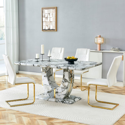 Modern Dining Table Set With White Textured MDF Top And Trim, U-Shaped Base, PU Leather Chairs Included