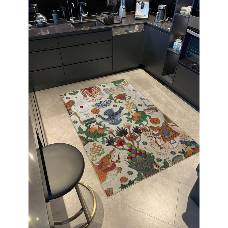 Tapis décoratif moderne à motif clair de dragon, d'éléphant et de cheval, Rectangle 3 pi 3 po x 4 pi 11 po
