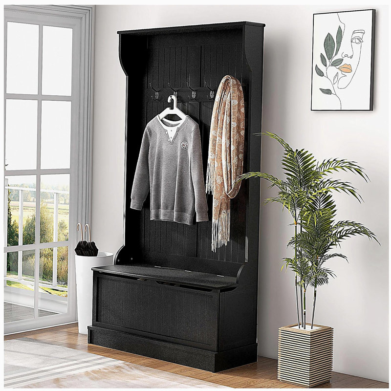 3-In-1 Entryway Hall Tree with Storage Bench, Coat Rack with Four Hooks and Shoe Storage, Black