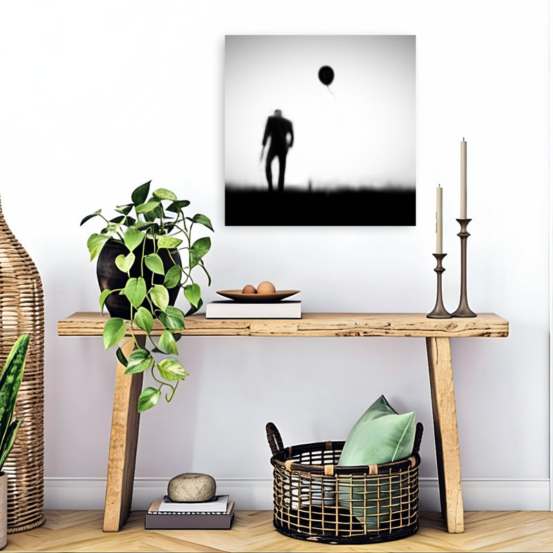 Homme et ballon dérivant, paysage abstrait contemporain, affiche murale nature, H 24 po x l 24 po