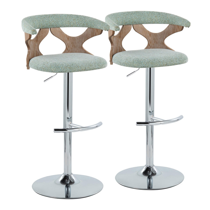 Tabourets de bar Laquietta réglables en hauteur avec repose-pieds arrondis en forme de T, Chrome / blanc délavé, Vert