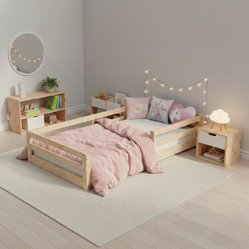 Twin Size Floor Bed Frame, Solid Wood Montessori Bed for Toddlers & Kids, Low Platform Bed with Slats, Adult Weight Capacity, White or Unfinished (Unfinished)