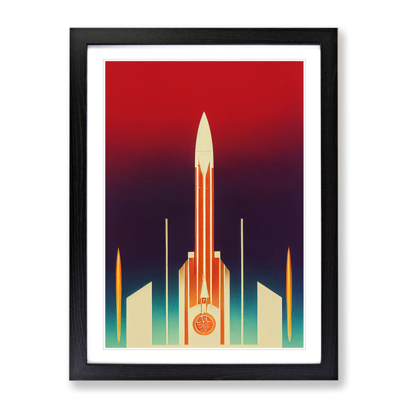 XV1022-4001X Spaceship Rocket Art Deco No.1 - Single Picture Frame Print, 34cm H x 25cm W x 2cm D, Black