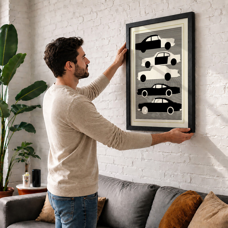 Stacked Automobiles Retro - Framed Print, A2 - 59.4 x 42.0 cm, Walnut