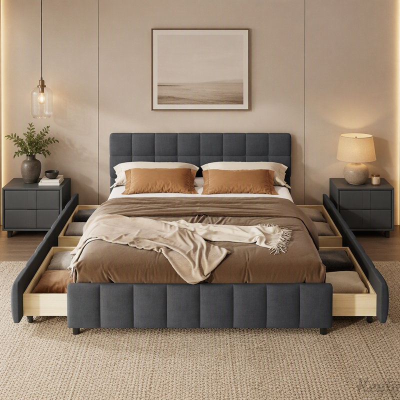 Lit plateforme capitonné avec 4 tiroirs de rangement et tête de lit à motif quadrillé, Grey