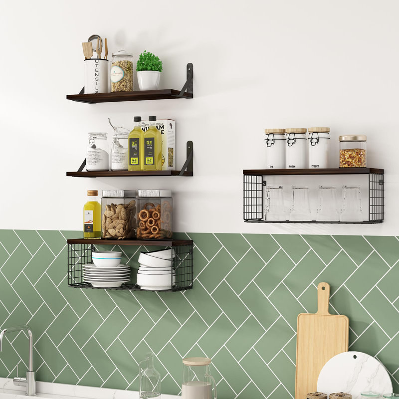 Rustic Wall Shelf Set With 2 Metal Baskets - Versatile 4-Tier Storage For Any Room, Walnut
