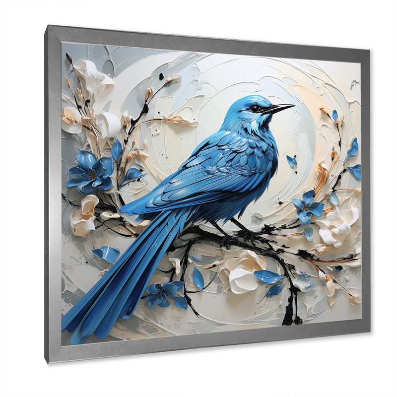 Oiseau bleu minimalisme blanc et fleurs bleues, reproduction sur toile, H 24 po x l 24 po x P 1 po, Argent