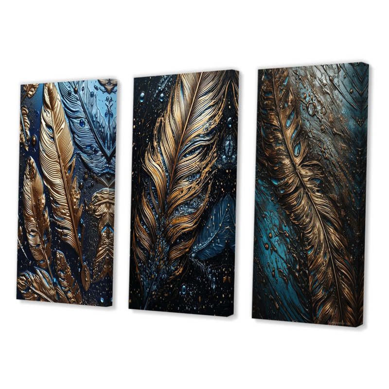 «Gold Feather Glamour», 3 pièces sur toile, Toile tendue, H 40 po x l 60 po