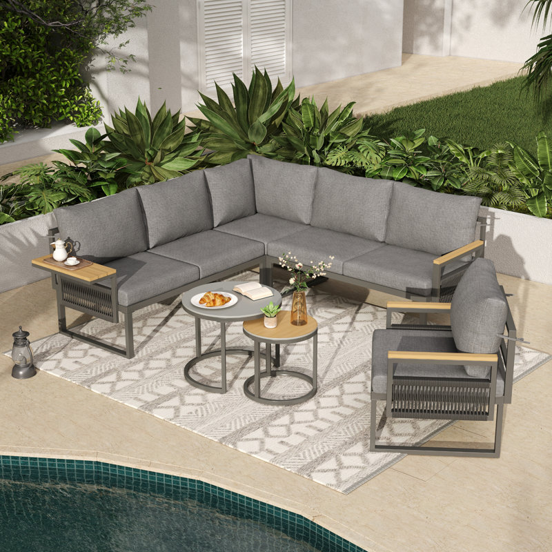 Grey Outdoor Patio Backyard Furniture Garden Lounge Set With Glass Coffee Table