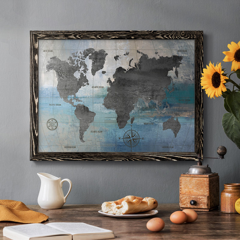 Carte du monde bleue et grise, reproduction sur toile, Noir, H 22 po x l 32 po x P 1,5 po