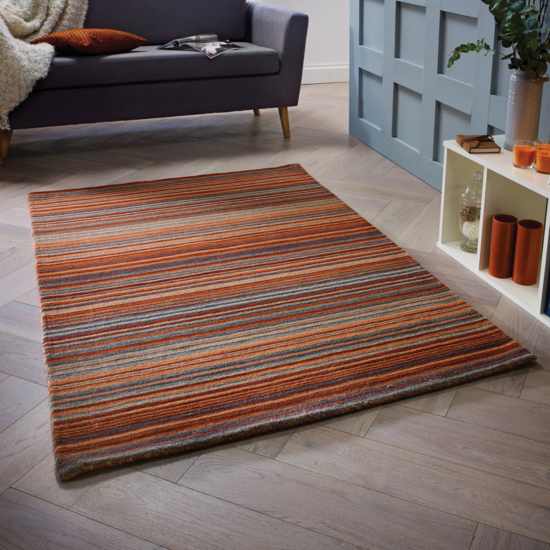 Tarren Handwoven Wool Orange/Grey Striped Area Rug, Rectangle 120 x 170cm