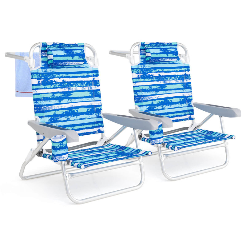 2 Pack Folding Beach Chair Lightweight Lay Flat Lounge Chair with Head Pillow, Blue