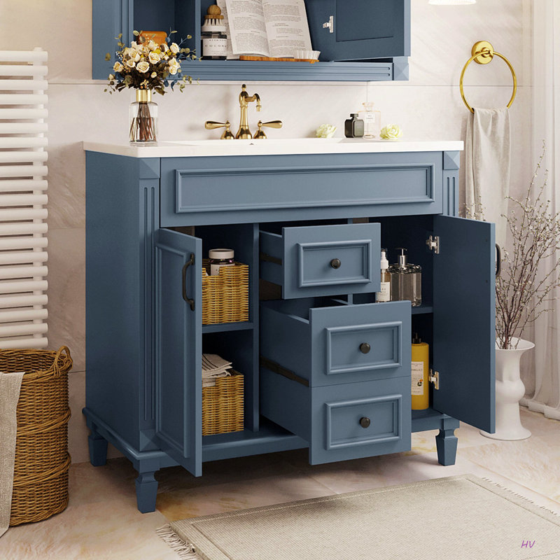 Meuble-lavabo 36 po avec lavabo supérieur, armoire de rangement moderne avec 2 portes à fermeture douce et 2 tiroirs, meuble-lavabo simple