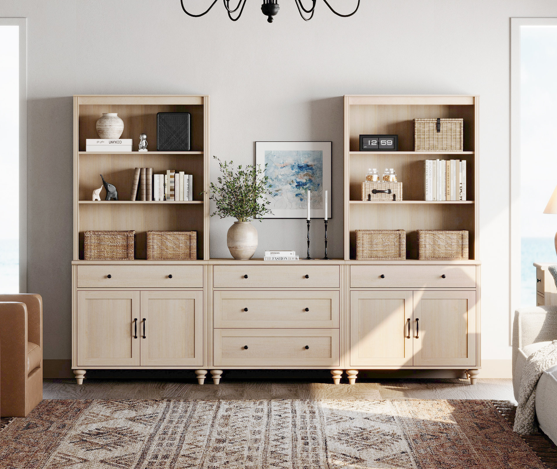 Charlton Home® Scarlett Bookcase With 5 Drawers And 2 Cabinets, Tall Book  Case With Two 3-Tier Open Book Shelfs, Large Wood Bookcases Farmhouse  Bookshelves For Living Room Bedroom Home Office Kitchen, 72'', image size:1900x1600