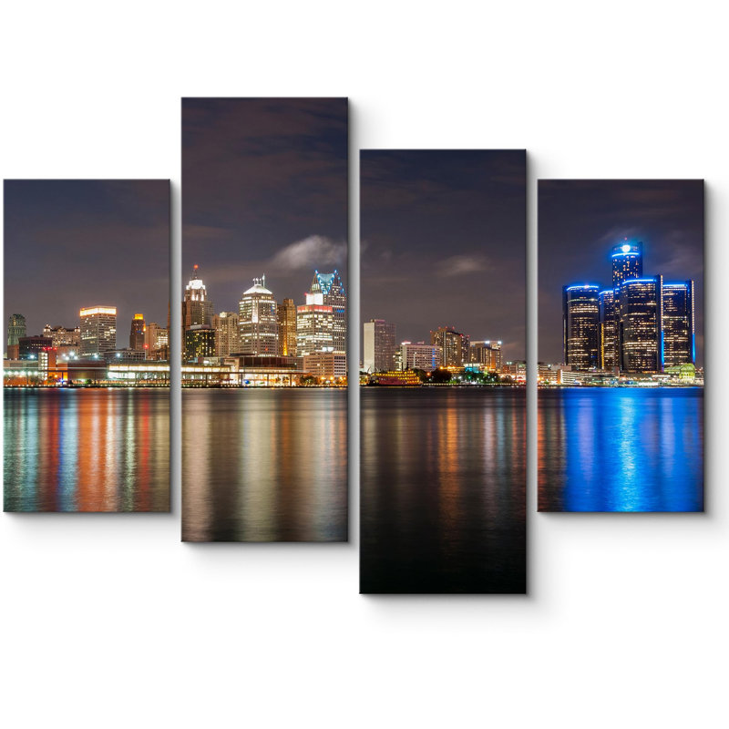 Architecture, bâtiment, Detroit, Michigan City, horizon de nuit, architecture et cartes, paysage urbain, art moderne, très grand décor, 4 pièces