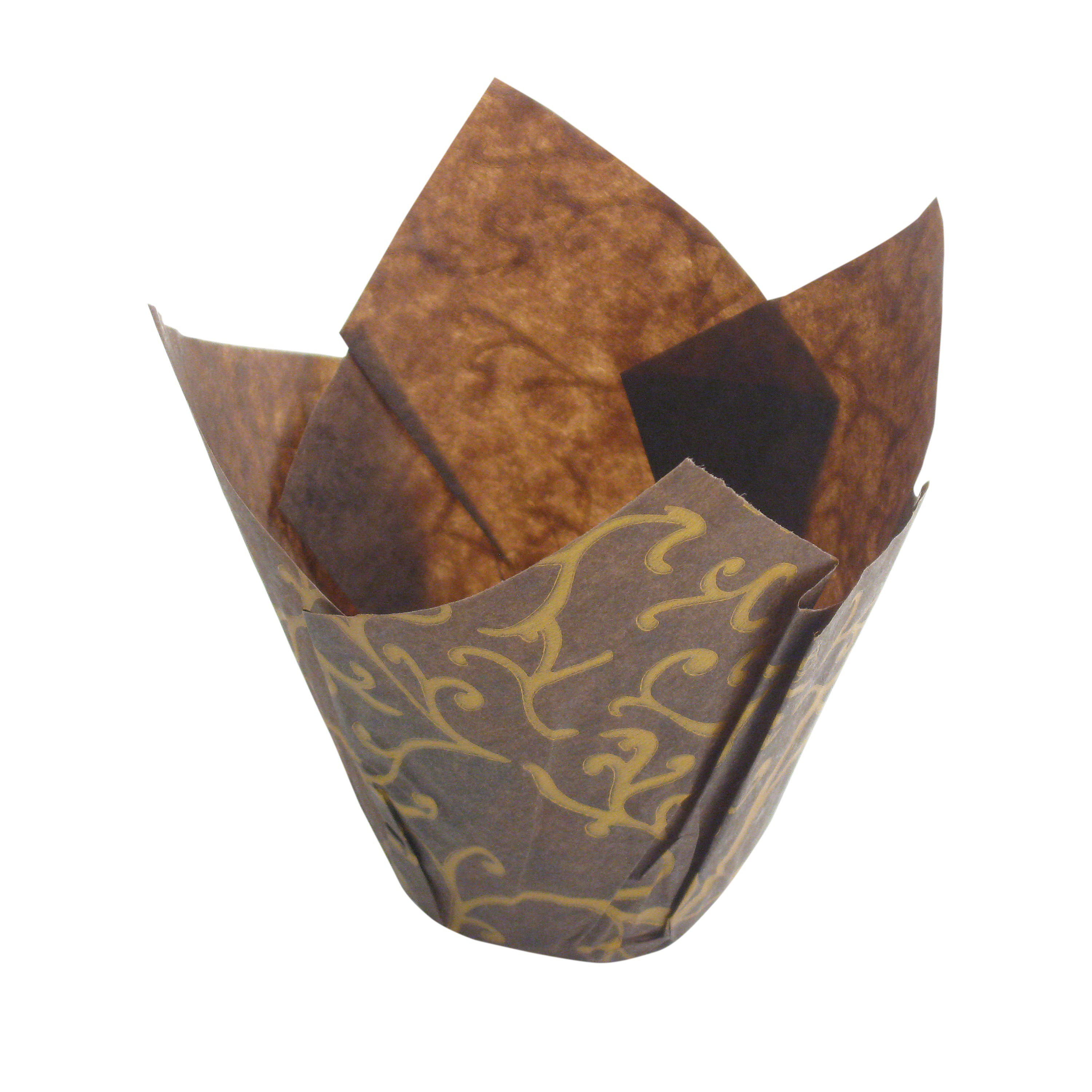 Kitchen Supply Wholesale Paper Tulip Baking Cups Brown/Gold Scroll, 25