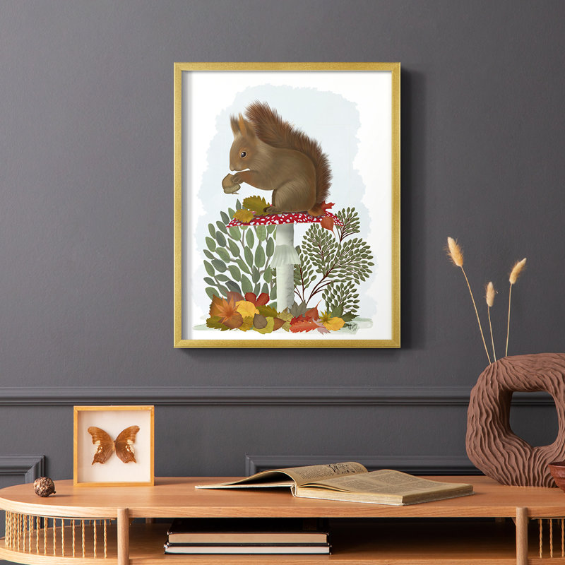 Écureuil roux sur champignon, reproduction encadrée - bois massif, H 10 po x l 8 po
