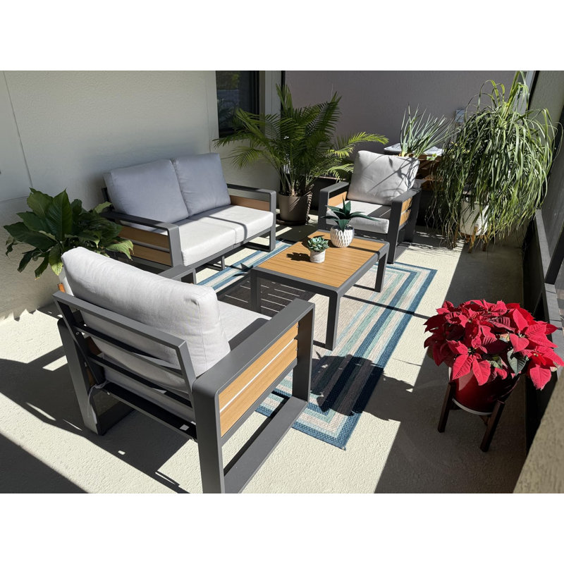 Ensemble de mobilier d'extérieur moderne 5 pièces, ensemble de conversation en aluminium avec coussins épais et table basse, cadre en métal résistant aux intempéries pour terrasse de jardin