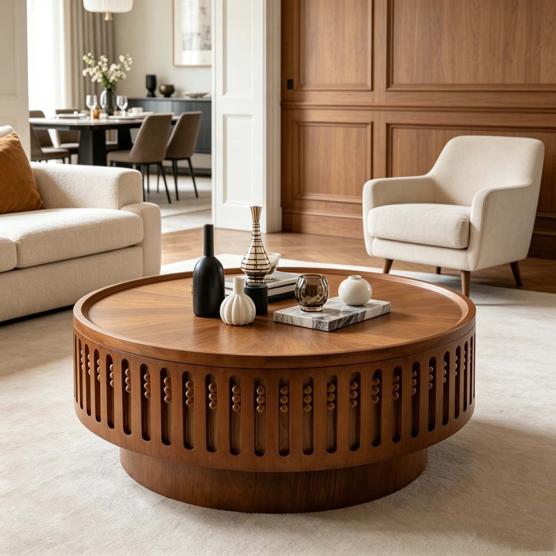 Table basse ronde, table de bout ronde en treillis, table d'appoint Boho avec fonction de rangement rabattable, 31.3"-Walnut