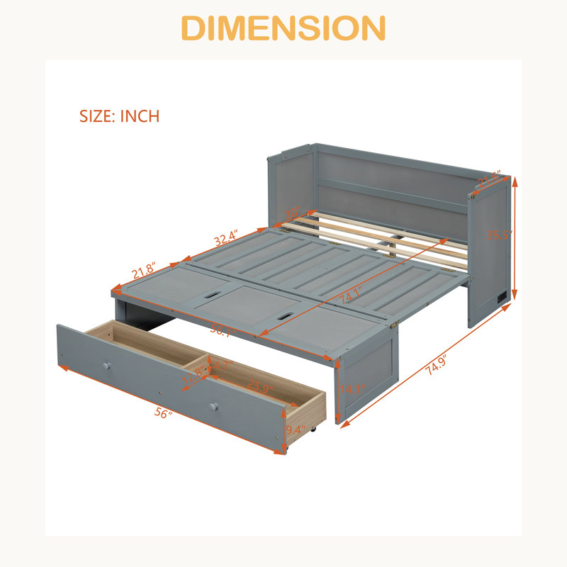 Lit escamotable avec port USB et grand tiroir, Gris, Lit double