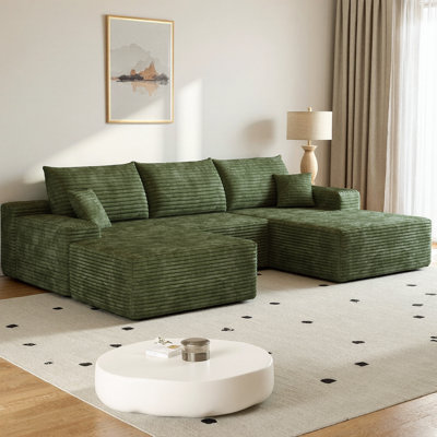 107" U-Shaped Cloud Sectional Sofa with Ottoman, Plush Corduroy Fabric Deep Seat Corner Couch, Modern Minimalist Living Room Furniture, No Assembly Re