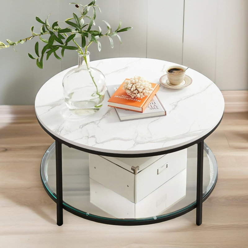 Metal Frame 2 Tier Marble Coffee Table with Storage, Living Room Furniture