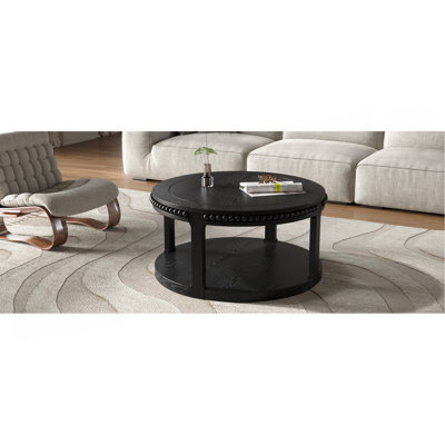 Table basse ronde en bois massif de 31,5 pouces pour le salon, bureau en bois rustique à 2 niveaux avec tablette de rangement, mobilier de maison moderne (noir)