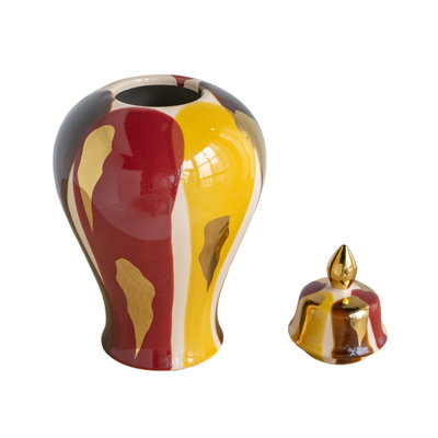 Multicolor Curved Ceramic Decorative Jar with Abstract Finish, 7.7 x 7.7 x 13.8 Inches